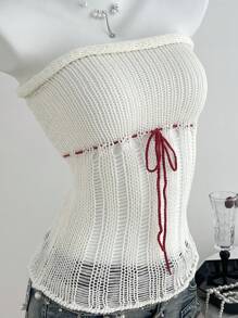 SHEIN Unity Women Holiday Casual Lace-Up Hollow-Out Knitted Halter Top Fall Winter - White - View 3
