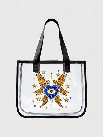 Grunge Punk Black Eye Print Transparent Fashionable Gothic Style Women's Tote Handbag, Clear Beach Bag, Halloween