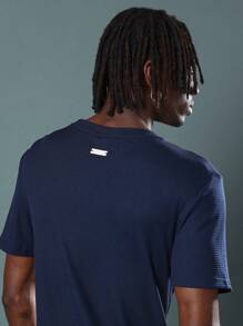 SUMWON Camiseta básica de manga corta con cuello de canalé, textura de gofre, ajuste muscular esencial, transpirable, para el verano - Azul Marino - Ver 4