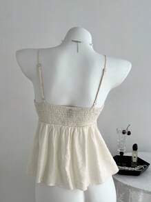 Sweetra 女士夏季可爱纯色褶皱面料吊带背心，粉色，适合大学穿着 - 杏色 - 查看 2