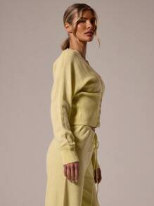 MUSERA 针织V领纽扣罗纹腰带收口开衫，春季Y2K 90年代休闲可爱秋季冬日日常办公圣诞时尚 - 黃色 - 查看 3