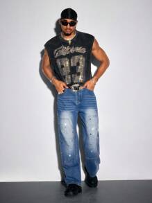 ROMWE MEN Street Life Men's Rhinestone Decorated Pocket Casual Fashion Wide-Leg Jeans - Blue - View 7
