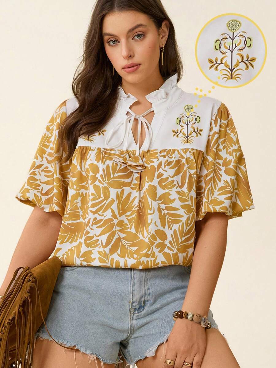 SHEIN LUNE 大码女式夏季蓝白条纹拼接花卉印花蕾丝领衬衫,适合夏季度假、海滩度假、奶油黄校服 - 彩色 - 查看 1