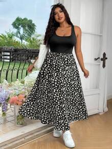 SHEIN EZwear 大码夏季休闲花卉拼布迷你连衣裙 - 彩色 - 查看 5