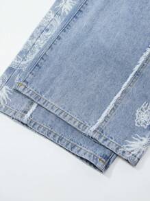 ROMWE MEN Street Life Men's Chinese Dragon Pattern Patch Pocket Wide Leg Loose Casual Jeans - Blue - View 6