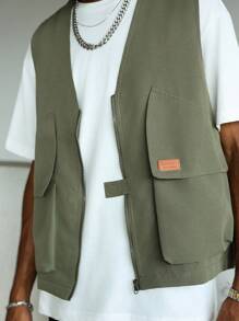 Manfinity Hypemode Chaleco casual de moda urbana para hombre con cremallera frontal y bolsillos con solapa, para verano
