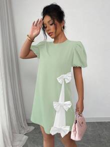 Chiquease Black Short Sleeve Crew Neck Color Block Bow Decorated Dress For Women, Elegant French Style Romantic Versatile For Dating & Casual Wear, Spring/Summer Summer Dress Roupa Para A Universidade