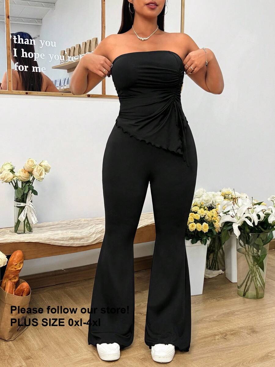 SHEIN EZwear طقم فستان مكون من 2 قطعة، توب أنبوبي أسود وبناطيل جينز واسعة الأرجل، مناسب للمقاسات الكبيرة، طقم ربيعي/صيفي - الأسود - مشاهدة 1