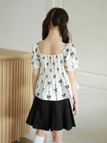 Chemise à col rabattu à blocs de couleurs avec nœud et boutons pour filles, convenant pour le port extérieur et les vacances - Nude - Voir 2