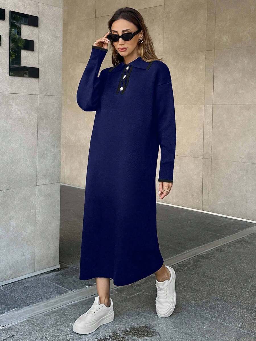 EURMUSE Women's Knitwear Dress With Polo Neck,Petite - Navy Blue - View 1