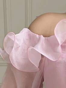 Modelyn 大码女式纯色荷叶边喇叭袖优雅连衣裙 - 粉色 - 查看 7