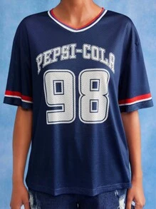 PEPSI X SHEIN Camiseta holgada de mujer azul marino, jersey, tela transpirable de malla, estilo universitario, deportivo y fresco, con estampado de cola, vuelta al cole, blusas para la escuela, blusas básicas, otoño e invierno - Azul Marino - Ver 4