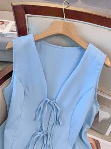 GlowEve CURVE 2pcs/Set Plus Size Casual Plain Color Sleeveless Top And Shorts Set, Suitable For Everyday And Commute - Blue - View 3