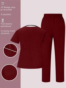 TaskEZ Plus Size Solid Color Short Sleeve Scrubs Set With Long Pants For /Nursing Uniforms - Burgundy - View 2