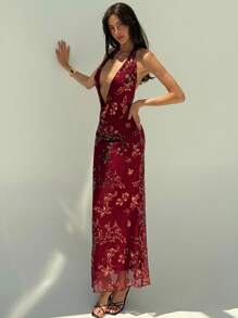 Aloruh Stylish Deep V-Neck Sequin Dress For Music Festival Party - Burgundy - View 5