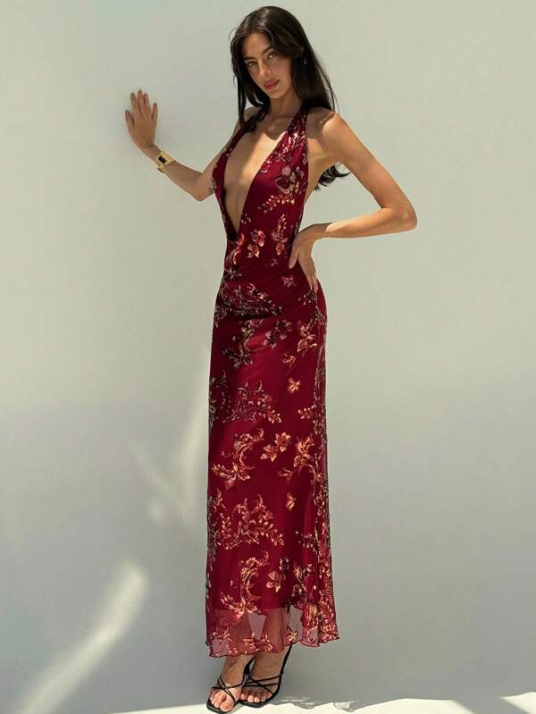 Aloruh Stylish Deep V-Neck Sequin Dress For Music Festival Party