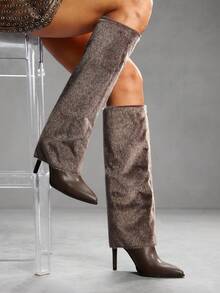CUCCOO SZL Botas altas y estrechas de tacón alto con puntera puntiaguda, botas sexy tipo "chica mala" para mujeres - Caqui - Ver 5