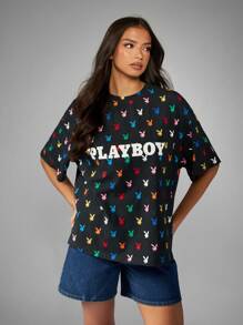 Missguided x Playboy Iconic Bunny Print Oversized T Shirt All Over Pattern Festival Design Casual Summer Streetwear Boxy Fit Graphic Logo Retro Aesthetic Rainbow Print - Black - View 3