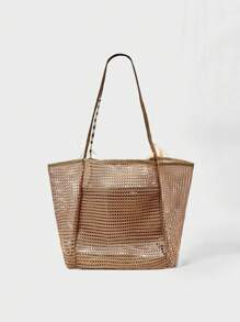 ROMWE Fairycore 1 件海洋元素蝴蝶兰花百合花朵装饰复古编织手提包，大容量夏季沙滩单肩包（配件需 DIY 组装） - 棕色 - 查看 7