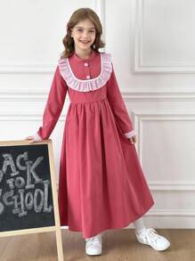 SHEIN Tween Girls Casual Everyday Striped Ruffle Hem Long Sleeve Dress Fall Winter - Pink - View 3