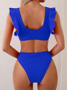 Swim Basics 女士夏季海滩度假简约纯色 V 领荷叶边袖孔褶皱胸围比基尼套装 - 寶藍色 - 查看 3
