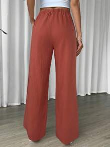 SHEIN EZwear 女士休闲玫红色亚麻抽绳腰斜口袋阔腿裤 - 玫瑰紅 - 查看 2