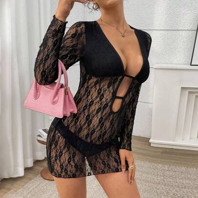 여성 캐주얼 섹시 클럽웨어 쉬어 레이스 비대칭 딥 브이넥 백리스 조절 가능 타이 긴 소매 바디콘 미니 드레스