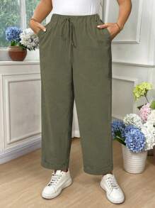 Breezaya 大码女式棉质腰带口袋翻折九分裤 - 橄欖綠 - 查看 6