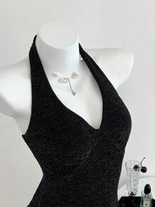 Elamini 女式性感闪亮黑色无袖露背系带背心，休闲夏日派对风格 - 黑色 - 查看 1