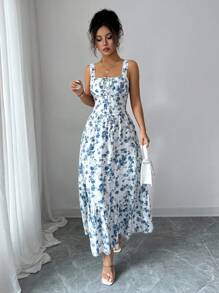 Rafferiza 2pcs Women's Ditsy Floral Waisted Tank Top & Flowy Skirt Set,White And Blue Floral,Summer,Boho,Vacation,Holiday Sundress,Fashion Outfits - Multicolor - View 4