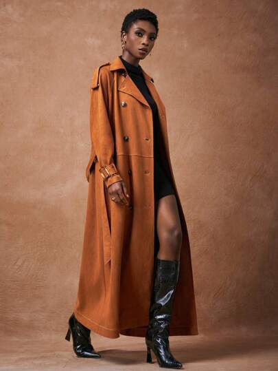 Zivah 20  Autumn/Winter New Style Music Festival, Graduation Season, University Style, Student, Daily Casual, Vacation, Beach, Sunlight, Streetwear, Commuter Elegant, Lapel Suede Trench Coat With Belt & Pockets, Brown