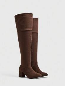 CUCCOO BIZCHIC 棕色粗跟绒面弹力过膝长靴，性感时尚欧美风，秋冬女士 - 棕色 - 查看 9