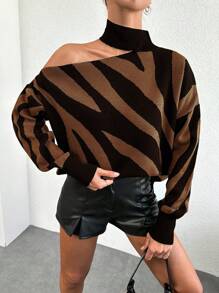 EURMUSE Suéter feminino listrado com gola assimétrica e bloco de cores - Castanho - Ver 5