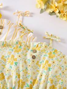 SHEIN Playful Pals 小女孩纯色+条纹+花卉印花夏季连体衣