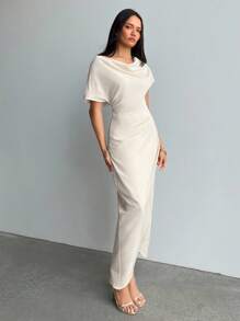 Aloruh Women's Spring/Summer Wrap Draped Neck Ruched Long Dress, Suitable For Commuting, Casual, And Outgoing - Apricot - View 5