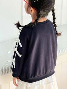 Zikori Sudadera casual con cuello redondo, decoración de volantes con mariposa, para niñas, ropa de otoño e invierno - Azul y blanco - Ver 3