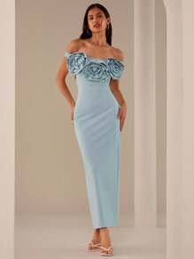 Lilora Robe longue élégante à épaules dénudées avec motif floral pour femmes - Bleu azur - Voir 5