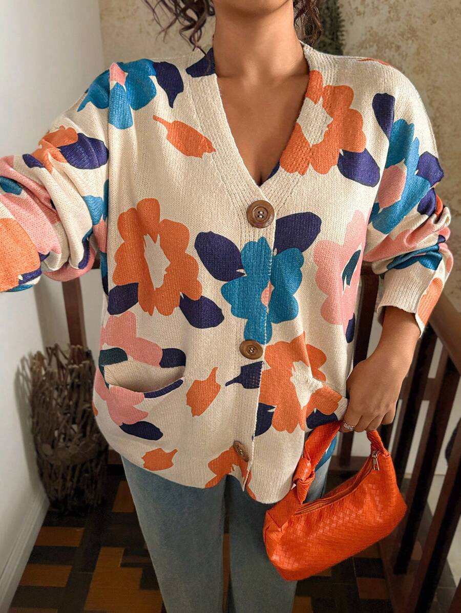 SHEIN VCAY 2件套女士休闲宽松花卉V领针织开衫，2025年春秋季新品