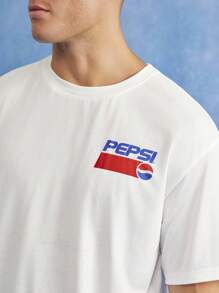 PEPSI X SHEIN 男士字母图案休闲圆领短袖T恤 - 白色 - 查看 6