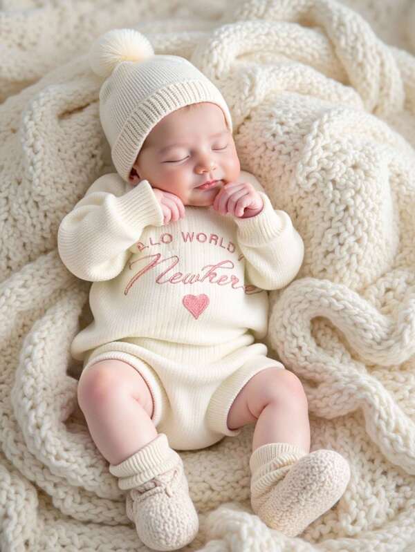 SHEIN 3Pcs Set "Hellow World" Embroidered Newborn Photography Outfits Set Knitted Sweatshirt With Diaper Cover Pants And Pompom Hat Going Home Baby Outfit Shower Gift
