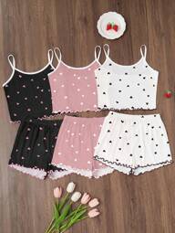 SHEIN 3pcs Set Girls Pre-Teen Heart Print Camisole And Shorts Pajamas Teen Girls Summer Sets Short Sets Girls Cute Sets Teen Girl Short Sets With Tank Top Heart Print Pajama Set