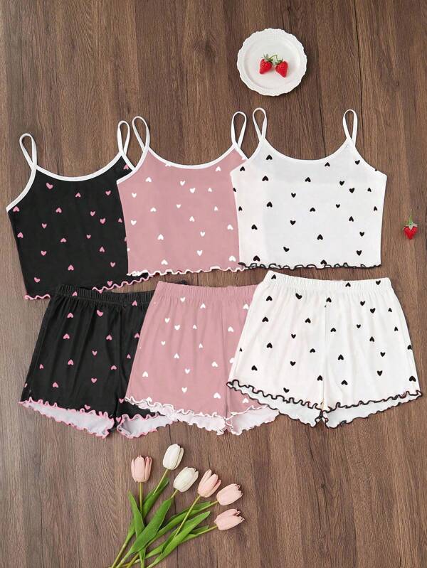 SHEIN 3 pièces Set de pyjama à imprimé cœur pour filles pré-adolescentes, comprenant un débardeur et un short