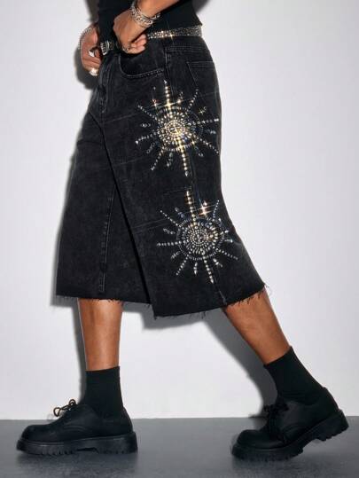 ROMWE Avant سروال جينز بتصميم رجالي مرصع بالراينستون بطول 3/4 موضه الصيف