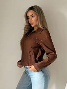 SHEIN ICON Loose Casual Rivet Decor Women Jacket In Fall/Winter - Brown - View 4