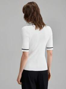 Ontre 2025年秋冬季节服装、返校季服装、万圣节服装、圣诞节服装、女教师制服、夜间外出服装、商务休闲针织上衣、黑白撞色边饰Polo衫、针织毛衣 - 白色 - 查看 3