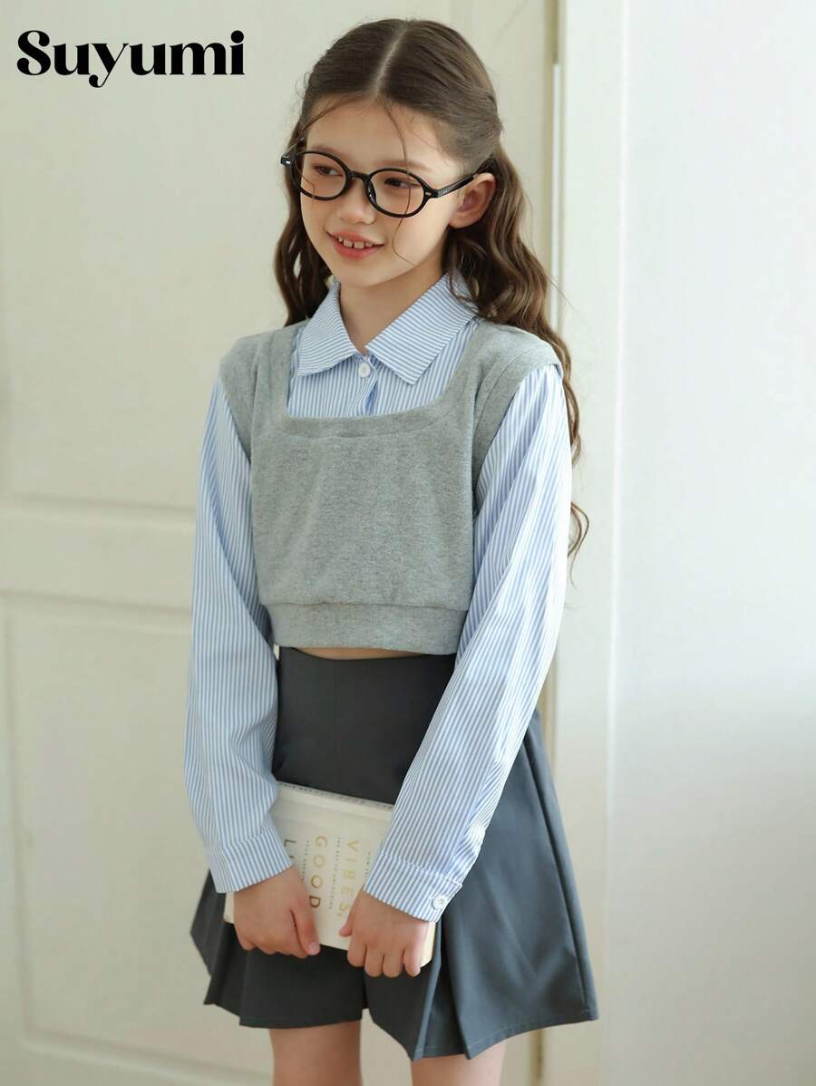 青春期女孩学院风二合一上衣和百褶裙套装 - 彩色 - 查看 1
