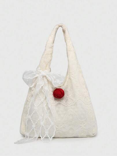 Kawaii Borsa shopper da donna stile retrò vacanziero, in rete con arricciature e fiocco decorativo, di grande capacità