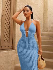 Sirith Đầm vải tua rua màu vàng gợi cảm cổ sâu VU mới cho mùa hè dành cho nữ, thiết kế trang trí đính hạt màu hổ phách, thích hợp cho kỳ nghỉ ở bãi biển - Màu xanh lam - Xem 3