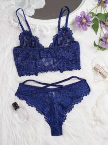 SHEIN Bộ đồ lót ren gợi cảm 2 món/bộ cho nữ - Màu xanh hải quân - Xem 8