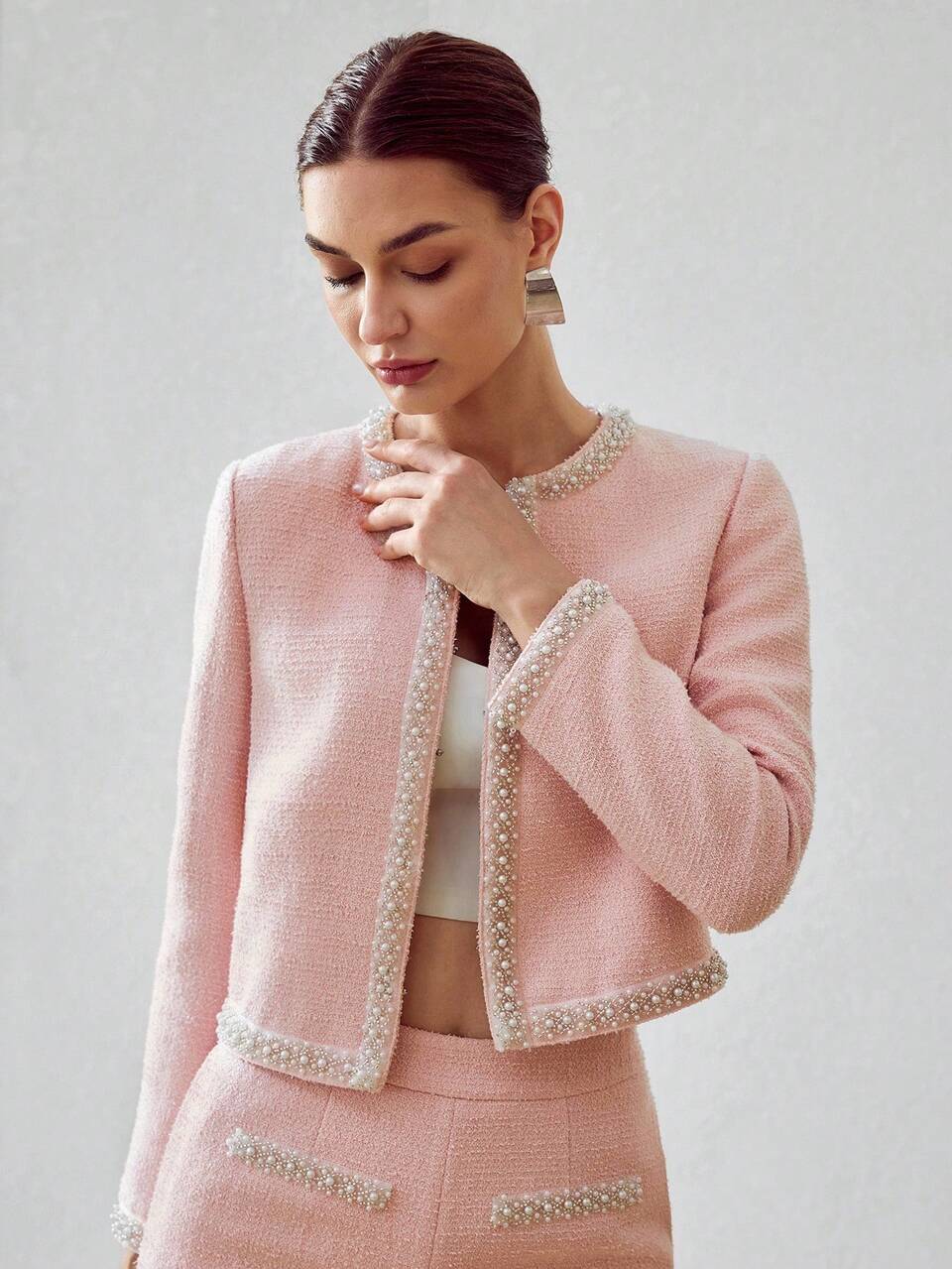 TWEED FAUX PEARL TAPE TRIM CROP JACKET